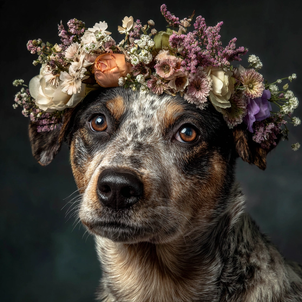 GoOSe_portrait_of_an_australian_cattle_dog_with_a_floral_head_e7d9702f-9395-48dd-804c-0a5bfafa5bdb_0.webp