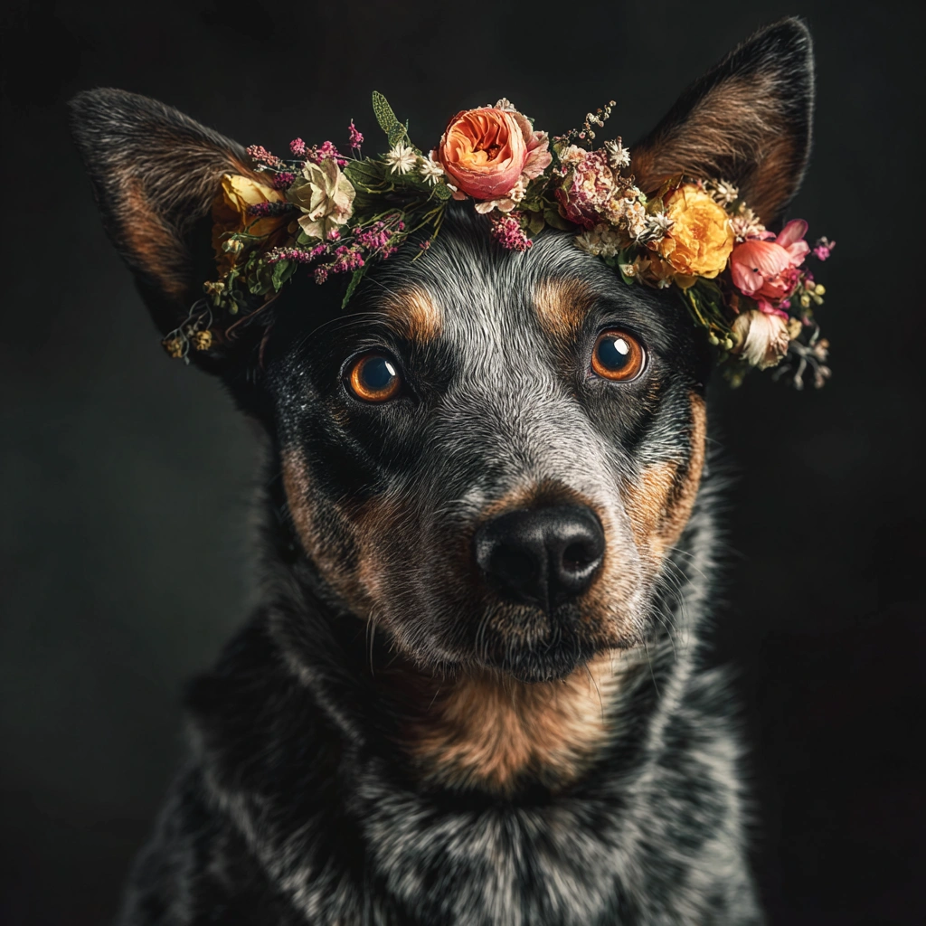 GoOSe_portrait_of_an_australian_cattle_dog_with_a_floral_head_e7d9702f-9395-48dd-804c-0a5bfafa5bdb_1.webp