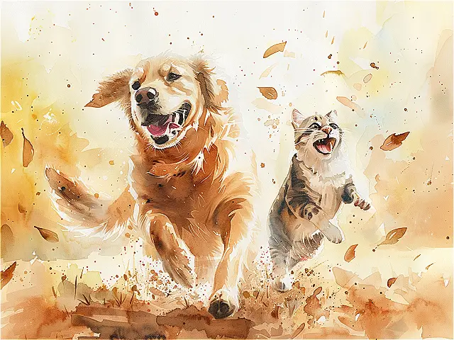 달리는 개와 고양이