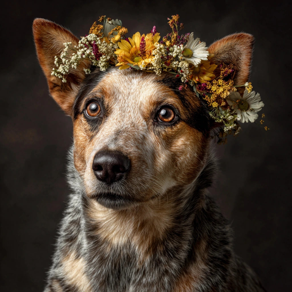 GoOSe_portrait_of_an_australian_cattle_dog_with_a_floral_head_e7d9702f-9395-48dd-804c-0a5bfafa5bdb_2.webp